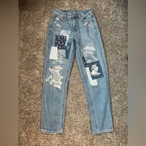 American Eagle mom straight patchwork high rise jeans